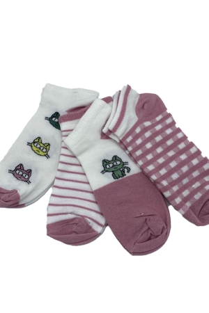 Çekmece 4&prime;Lü Soft Cotton Pembe Çizgili Kedi Desenli Unisex Patik  