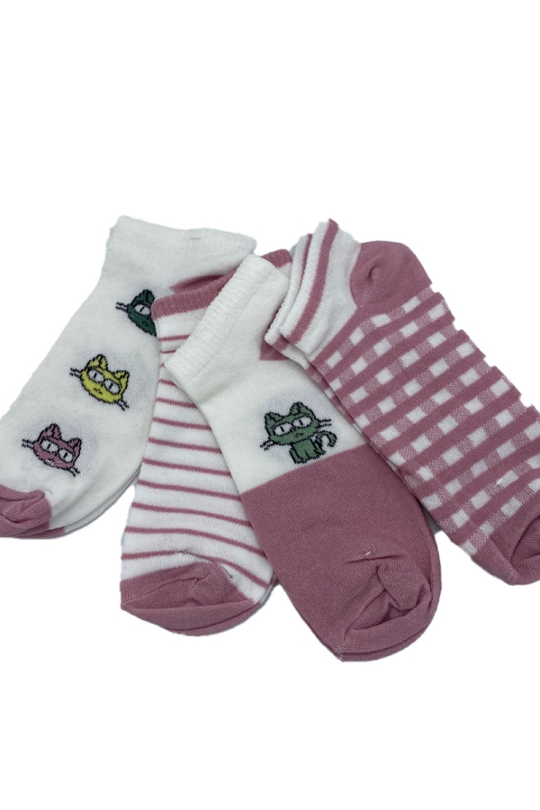 Çekmece 4′Lü Soft Cotton Pembe Çizgili Kedi Desenli Unisex Patik - 1
