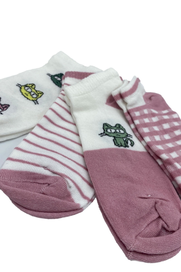 Çekmece 4′Lü Soft Cotton Pembe Çizgili Kedi Desenli Unisex Patik - 3