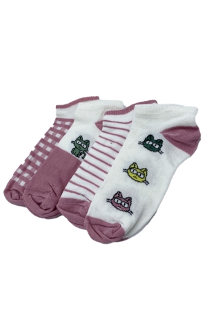 Çekmece 4′Lü Soft Cotton Pembe Çizgili Kedi Desenli Unisex Patik - 4