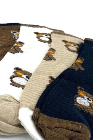 Çekmece 4′Lü Soft Cotton Kahverengi Ayı Desenli Unisex Patik - 3
