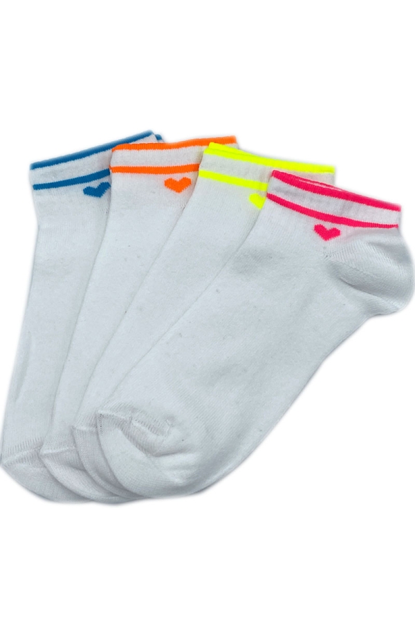 Çekmece 4&prime;Lü Soft Cotton Neon Çizgili ve Kalp Desenli Unisex Patik - 1