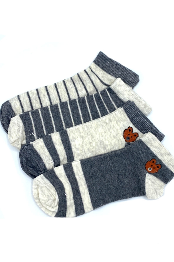 Çekmece 4&prime;Lü Soft Cotton Gri Ayı Desenli Unisex Patik - 1