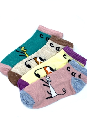 Çekmece 4&prime;Lü Soft Cotton Kedi Desenli Unisex Patik 