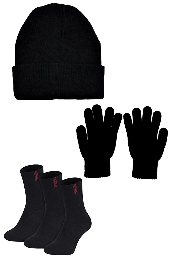 Çekmece 5 Parça Örme Bere Eldiven ve Çorap Set Siyah - 1