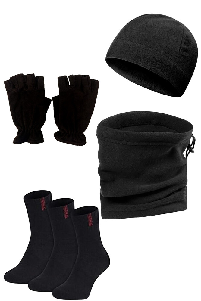 Çekmece 6 Parça Polar Bere Boyunluk Kesik Eldiven ve Çorap Set Siyah - 2