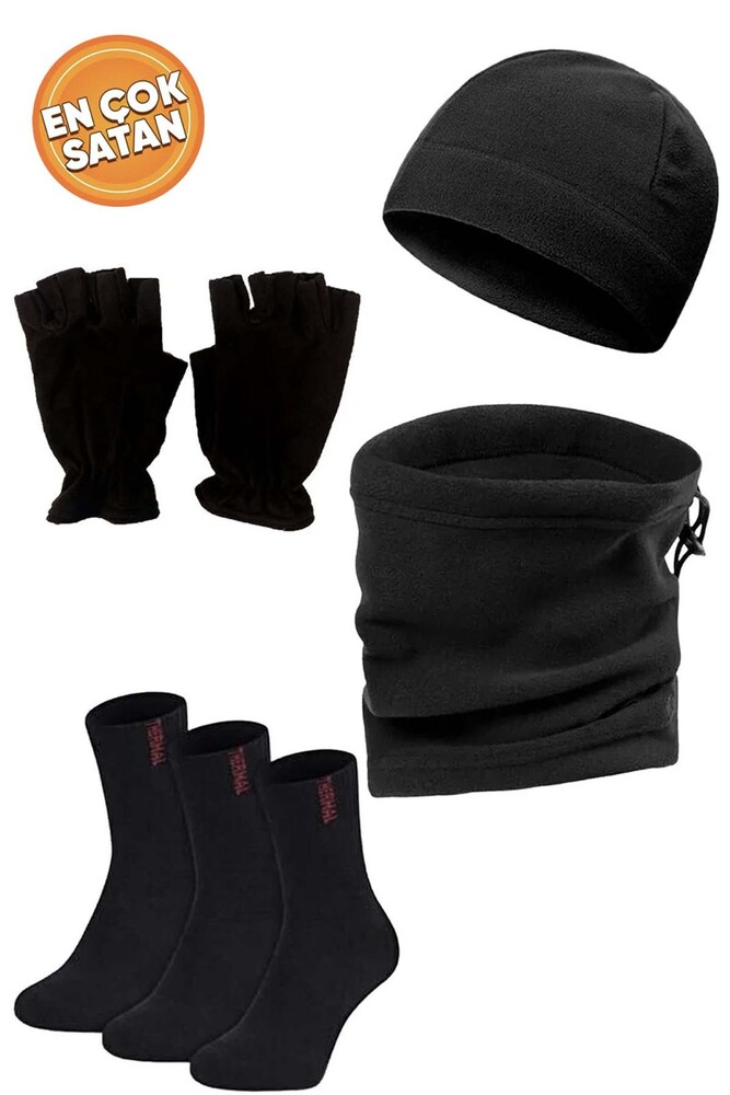 Çekmece 6 Parça Polar Bere Boyunluk Kesik Eldiven ve Çorap Set Siyah - 1