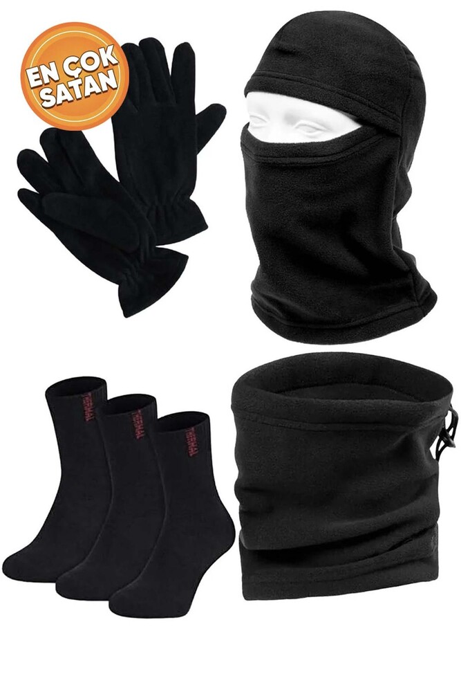 Çekmece 6 Parça Polar Boyunluk Eldiven Karmaskesi ve Çorap Set Siyah - 1