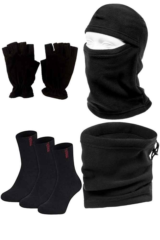 Çekmece 6 Parça Polar Boyunluk Kesik Eldiven Kar Maskesi ve Çorap Set Siyah - 1