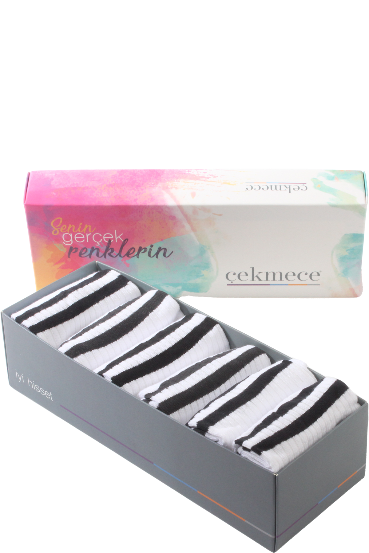 Çekmece 6'lı Unisex Çemberli Kısa Konç Soket Beyaz-Siyah Çizgili - 1
