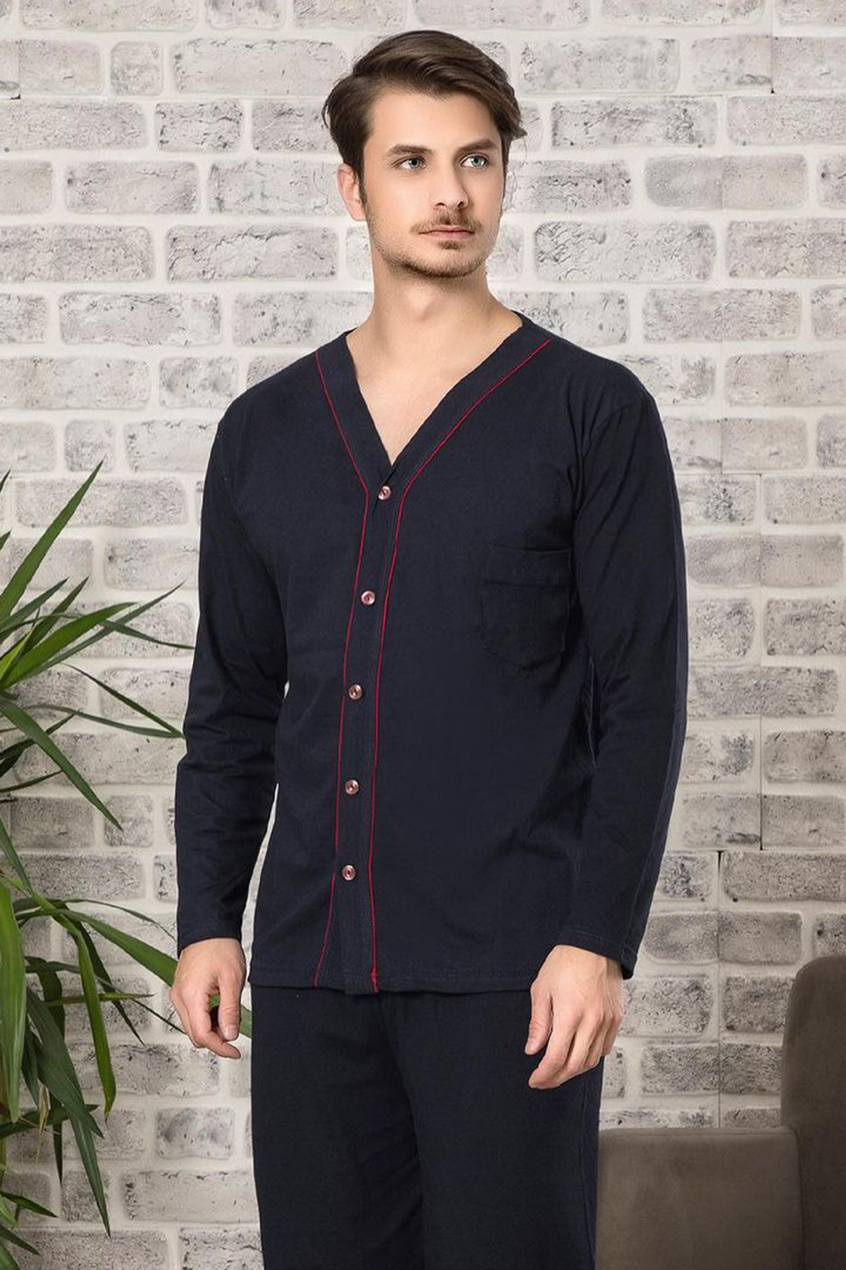 Çekmece Erkek Önden Düğmeli Uzun Kol Pijama Takımı Lacivert - 1