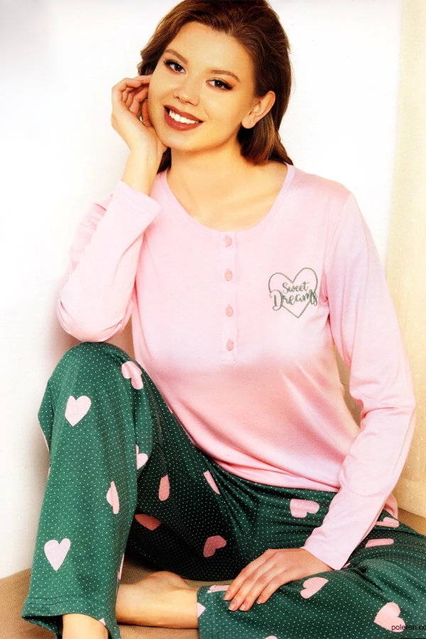 Over Sleep 540 Kadın Kalpli Pijama Takımı Pembe - 1