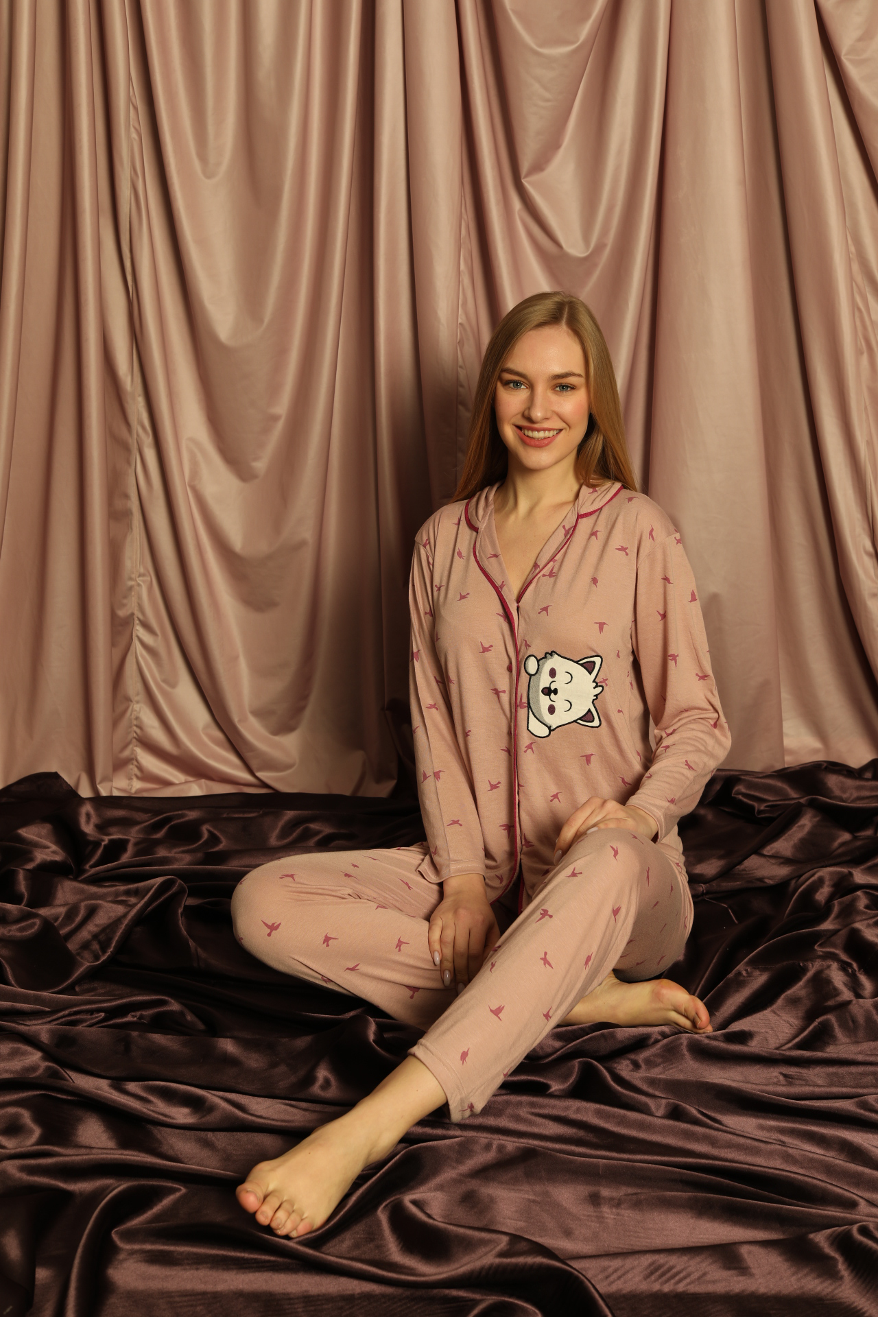 Çekmece Kadın Önden Düğmeli Pijama Takımı Pembe - 2