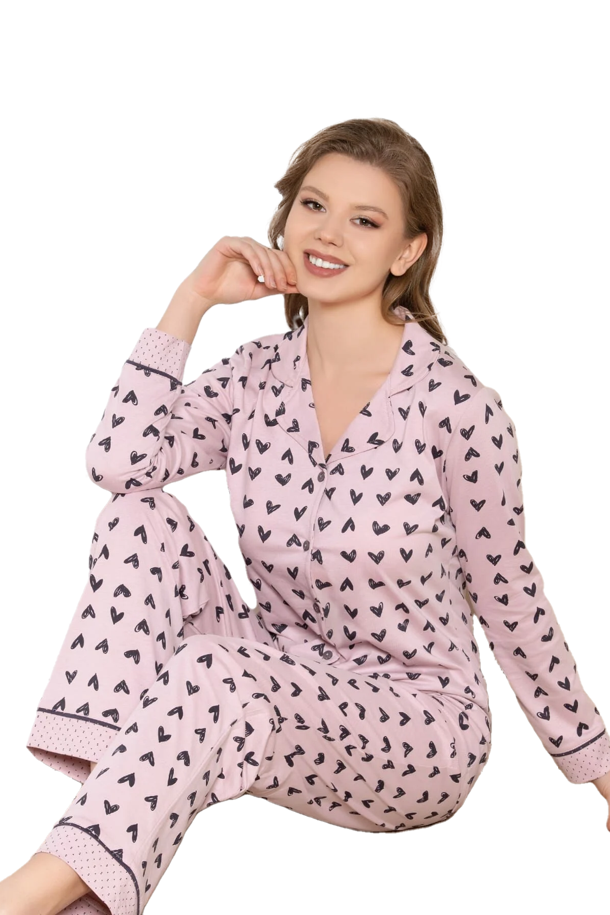 Çekmece Kadın Önden Düğmeli Pijama Takımı Pembe - 1