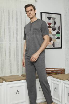 Kly 9051 Midi  Yaka Pijama Takım Bordo Antrasit