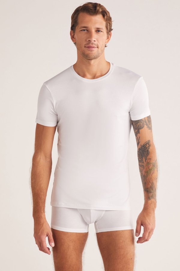 Kom Enzo Bisiklet Yaka Modal Erkek Tshirt Beyaz - 1