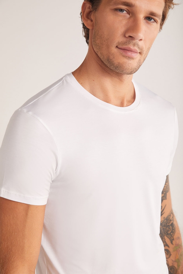 Kom Enzo Bisiklet Yaka Modal Erkek Tshirt Beyaz - 2