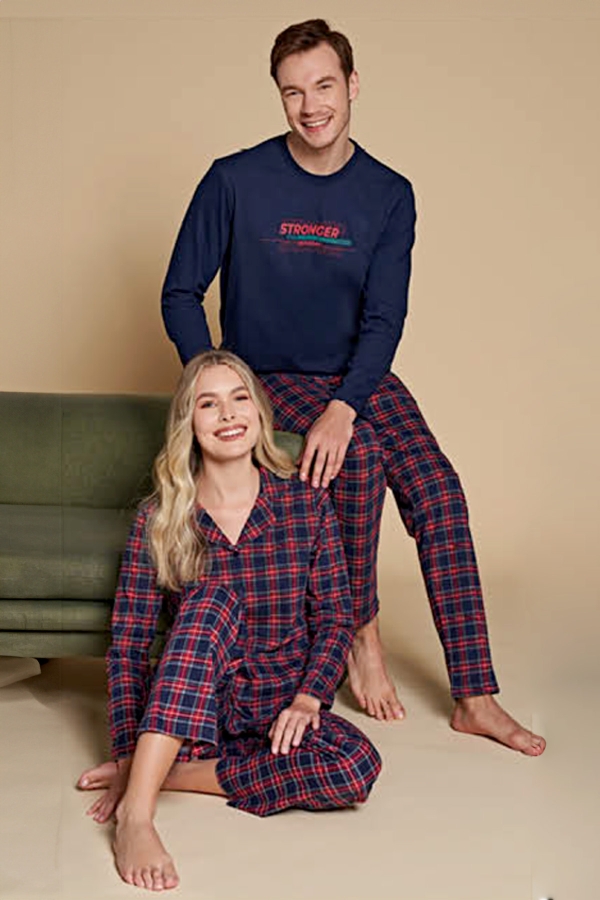 Over Sleep 1405 Kadın Önden Düğmeli Uzun Kollu Pijama Takımı Lacivert-Kırmızı - 2