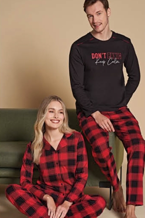 Over Sleep 1406 Kadın Önden Düğmeli Uzun Kol Pijama Takımı Kırmızı-Siyah - 3