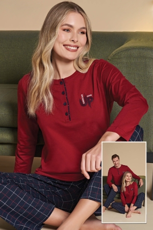 Over Sleep  1412 Kadın Uzun Kollu Pijama Takımı Lacivert-Kırmızı