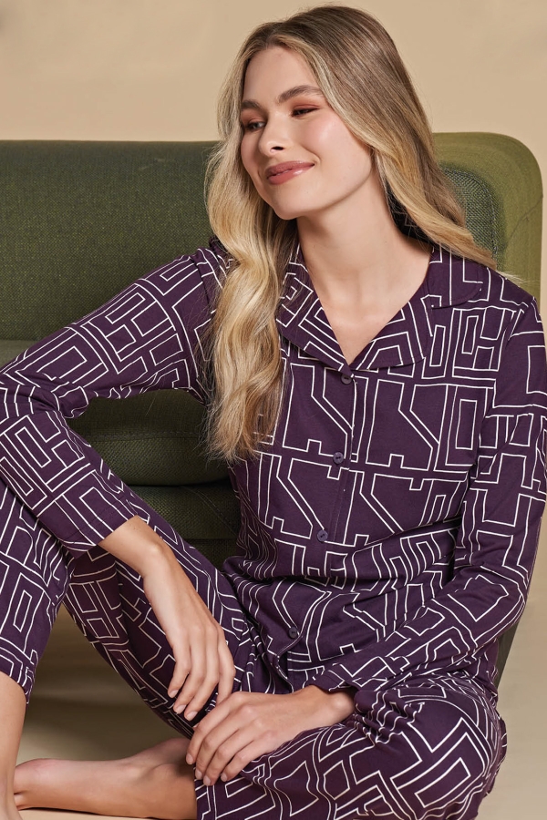 Over Sleep 1416 Kadın Önden Düğmeli Pijama Takımı Mor - 1