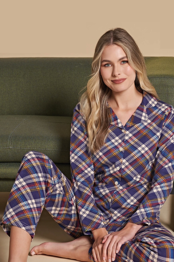 Over Sleep 1422 Kadın Önden Düğmeli Pijama Takımı Çok Renkli - 1