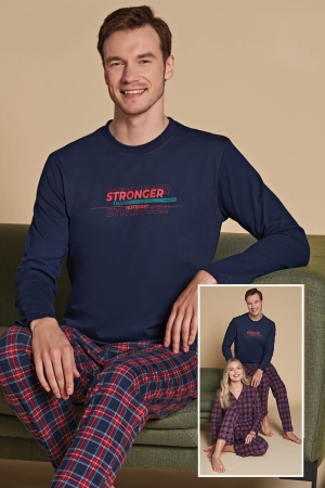 Over Sleep 1512 Erkek Uzun Kollu Pijama Takımı Lacivert-Kırmızı - 1