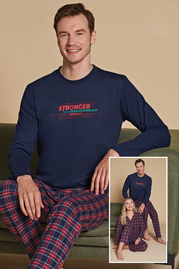 Over Sleep 1512 Erkek Uzun Kollu Pijama Takımı Lacivert-Kırmızı - 1