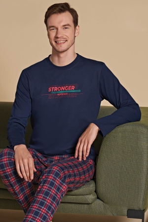 Over Sleep 1512 Erkek Uzun Kollu Pijama Takımı Lacivert-Kırmızı - 3