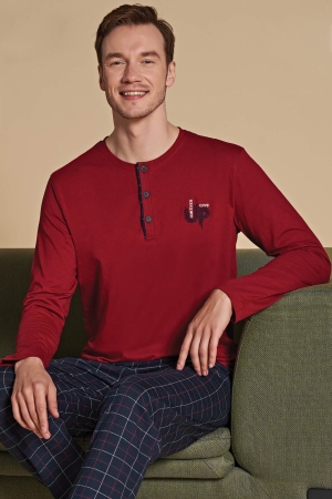 Over Sleep 1513 Erkek Uzun Kollu Pijama Takımı Kırmızı-Lacivert - 2
