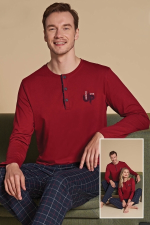 Over Sleep 1513 Erkek Uzun Kollu Pijama Takımı Kırmızı-Lacivert - 1