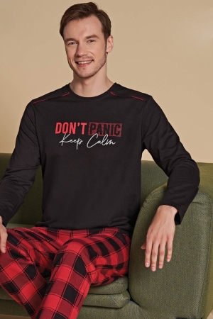 Over Sleep  1527 Erkek Uzun Kollu Pijama Takımı Kırmızı-Siyah - 2