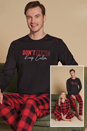 Over Sleep  1527 Erkek Uzun Kollu Pijama Takımı Kırmızı-Siyah
